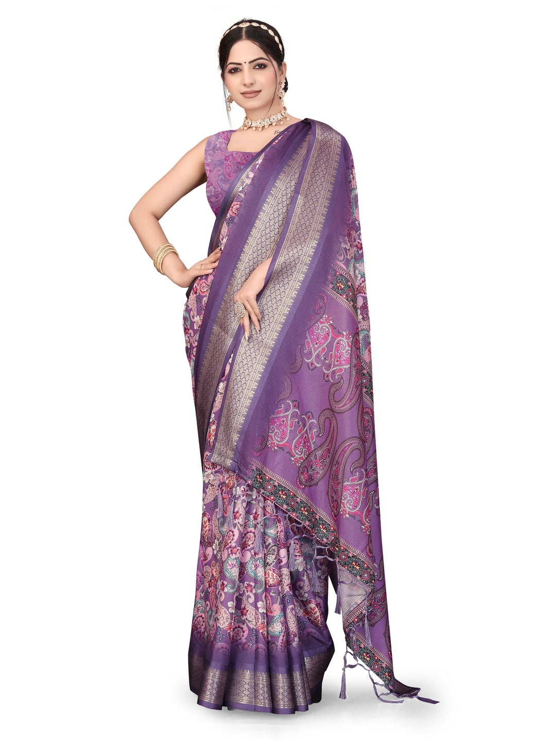 Peachmode Purple Cotton Silk Digital Print Saree with Jacquard Border - Image 23