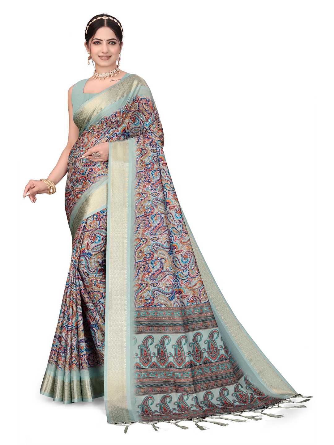 Peachmode Olive Cotton Silk Digital Print Saree with Jacquard Border - Image 20