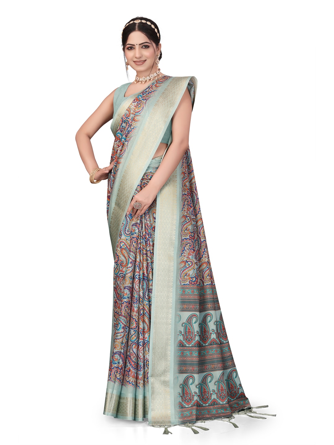 Peachmode Olive Cotton Silk Digital Print Saree with Jacquard Border - Image 22