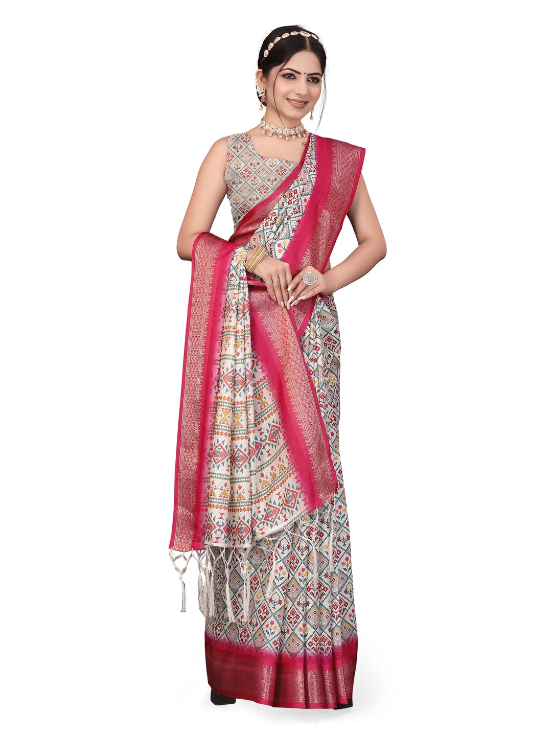 Peachmode Magenta Cotton Silk Digital Print Saree with Jacquard Border - Image 16