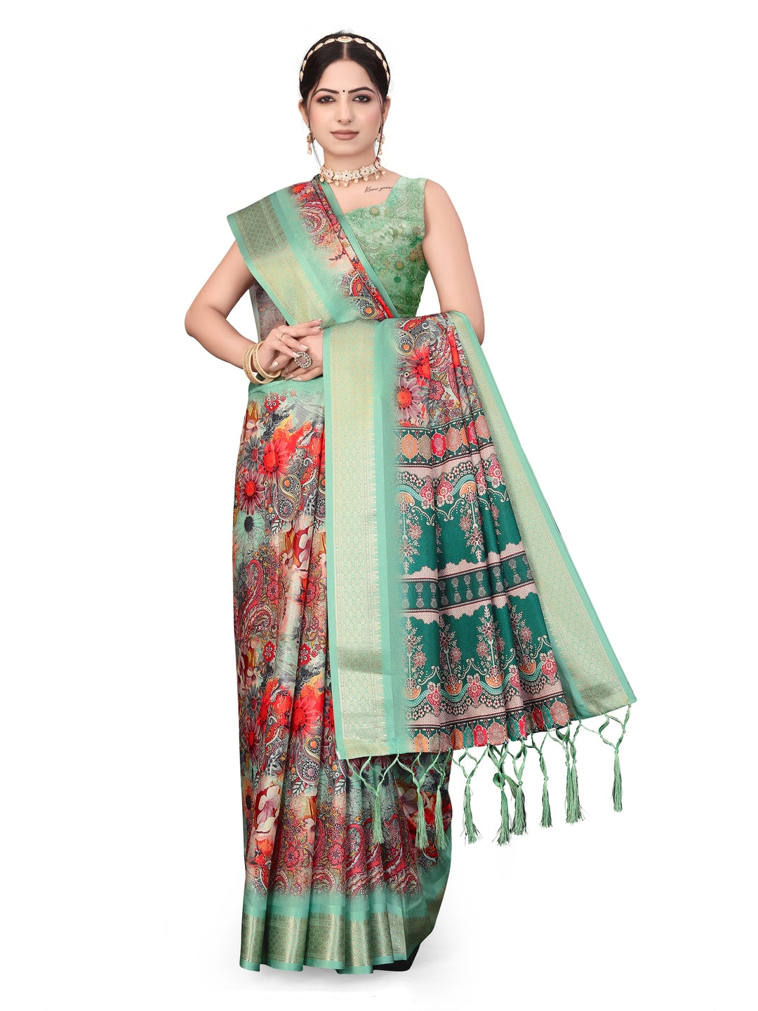 Peachmode Sea Green Cotton Silk Digital Print Saree with Jacquard Border - Image 15