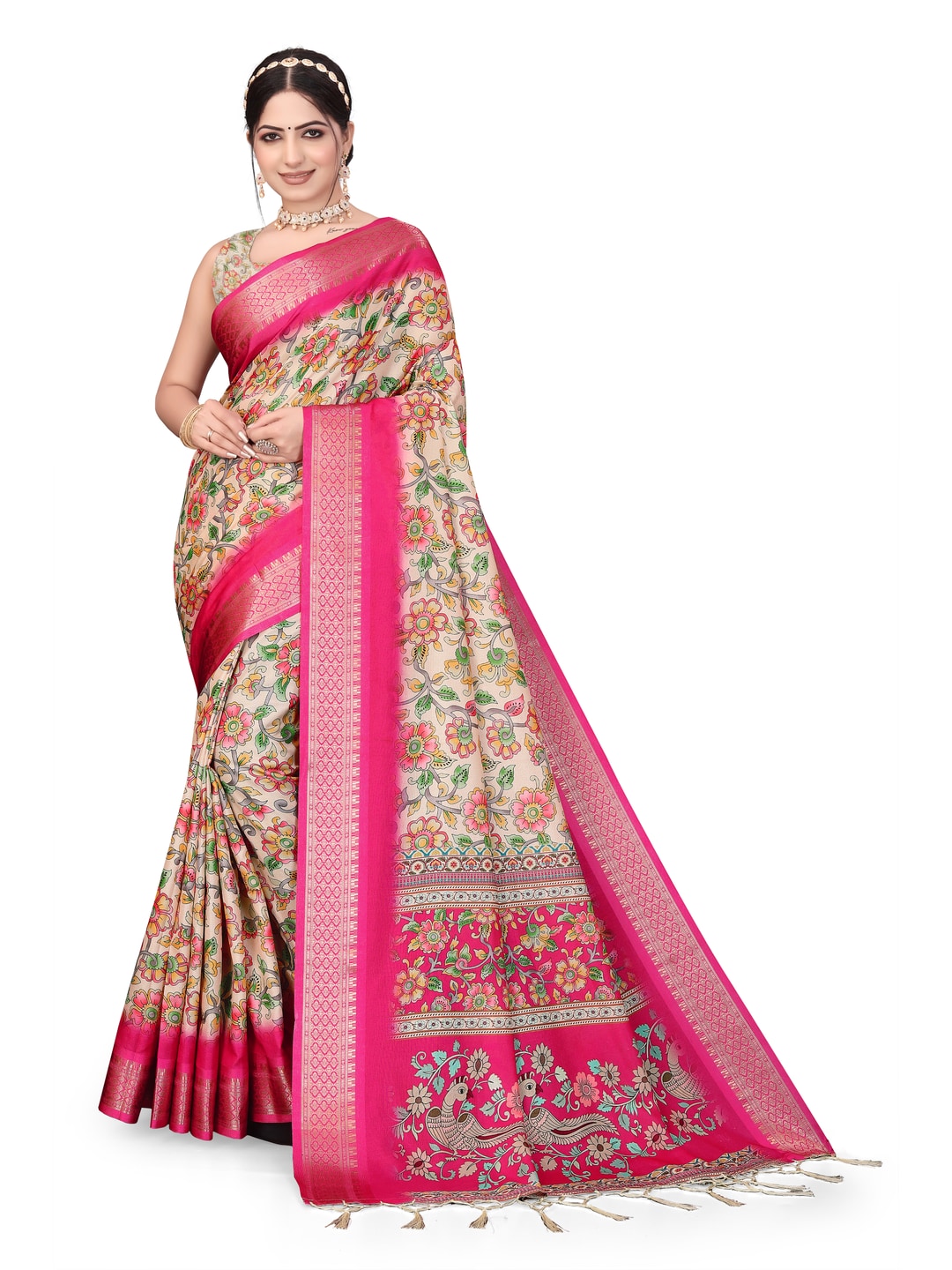 Peachmode Pink Cotton Silk Digital Print Saree with Jacquard Border - Image 21