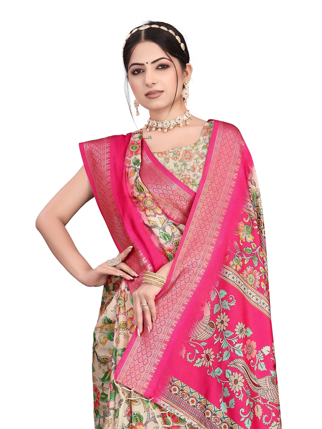 Peachmode Pink Cotton Silk Digital Print Saree with Jacquard Border - Image 22