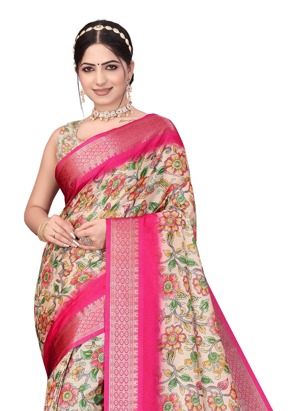 Peachmode Pink Cotton Silk Digital Print Saree with Jacquard Border - Image 26