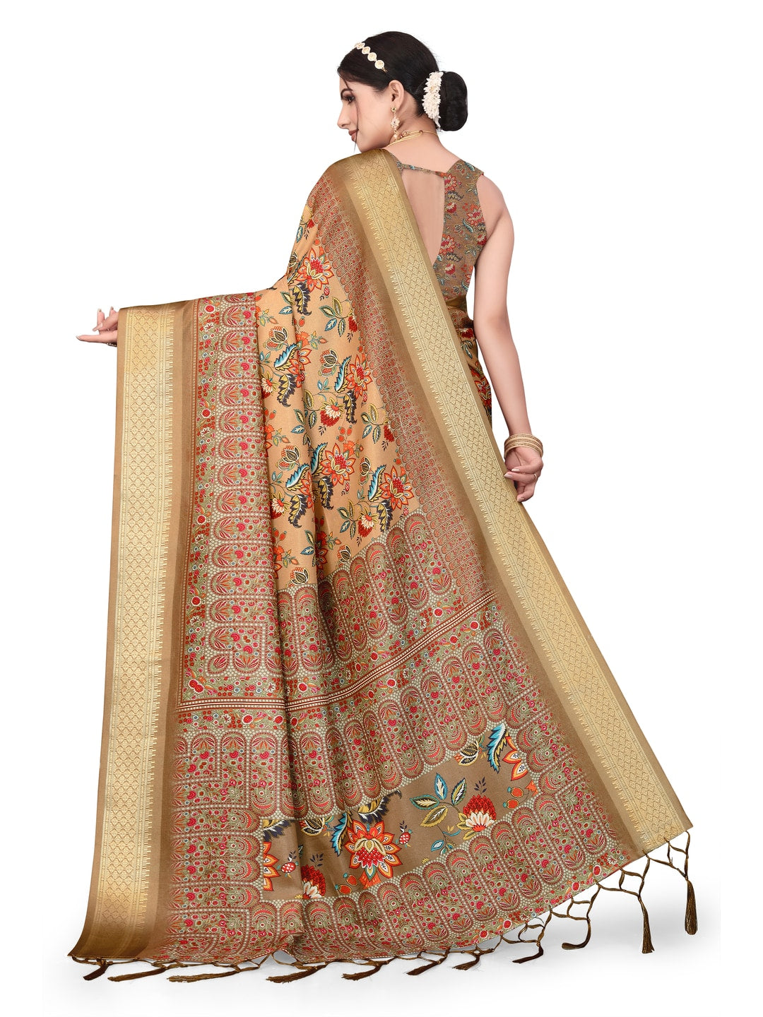 Peachmode Brown Cotton Silk Digital Print Saree with Jacquard Border - Image 20