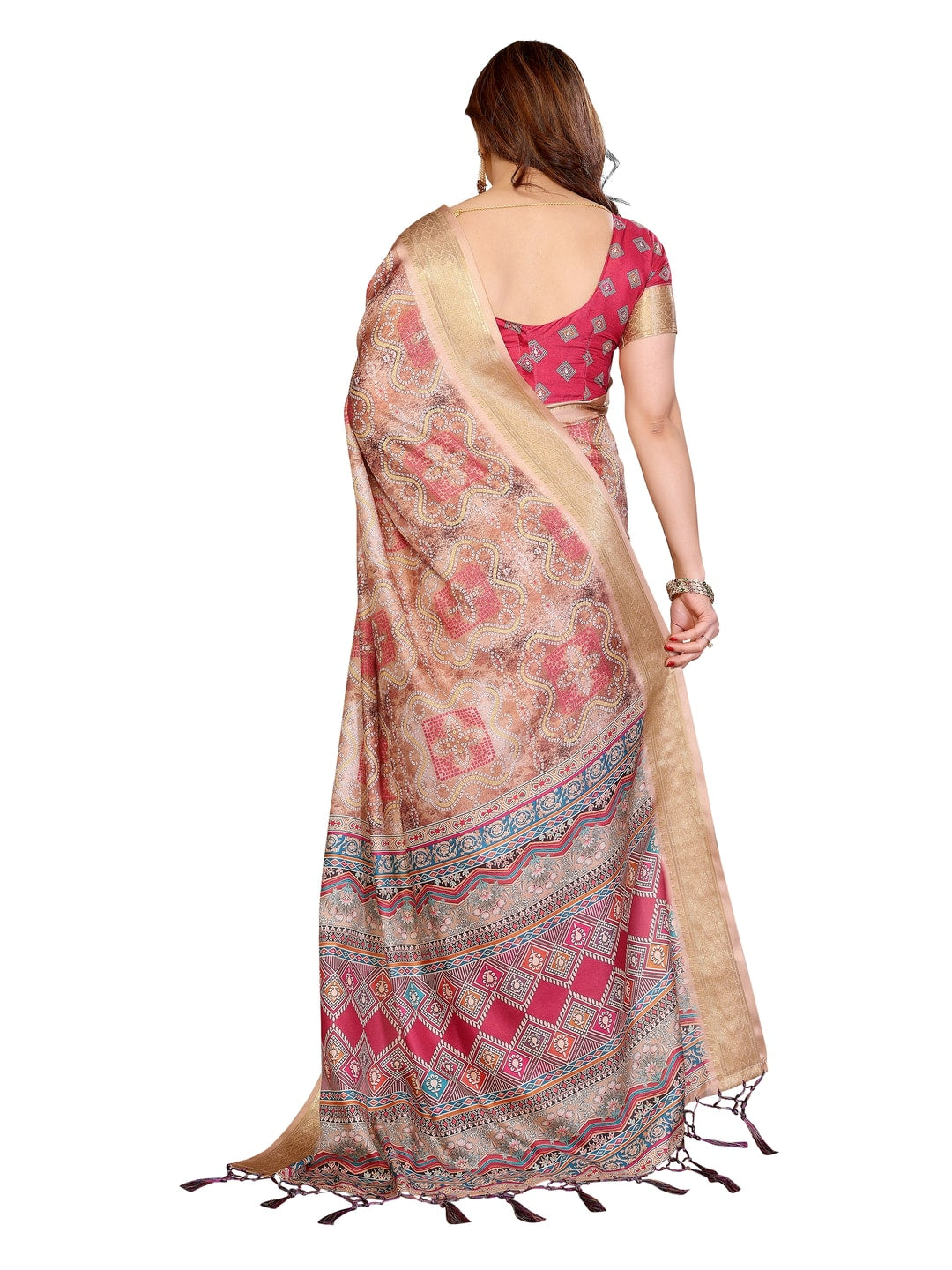 Peachmode Chikoo Cotton Silk Bandhej Print Saree with Zari Border - Image 17