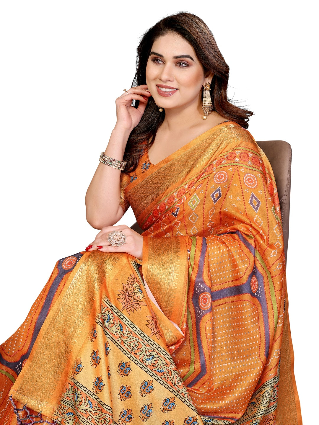 Peachmode Mustard Cotton Silk Bandhej Print Saree with Zari Border - Image 12