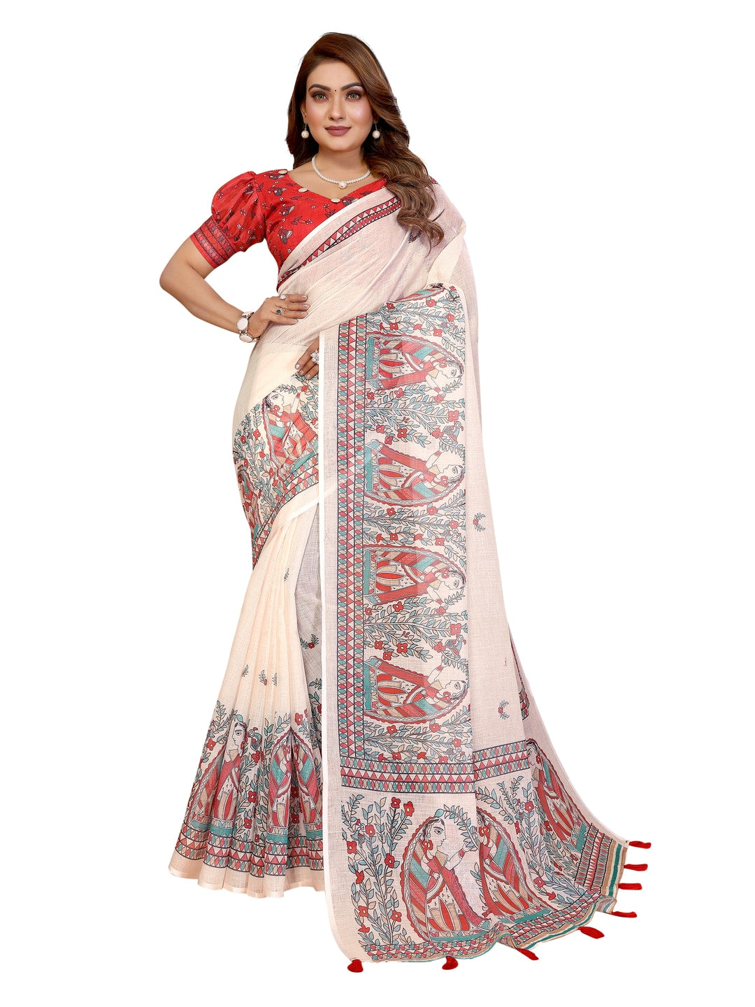 Peachmode Red Soft Linen Cotton Printed Saree - Image 9