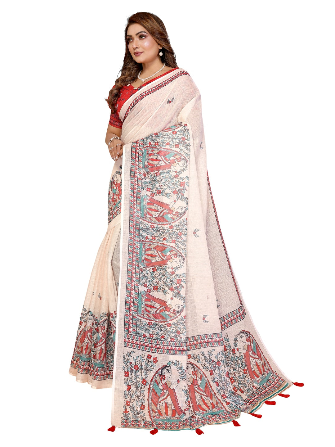 Peachmode Red Soft Linen Cotton Printed Saree - Image 10
