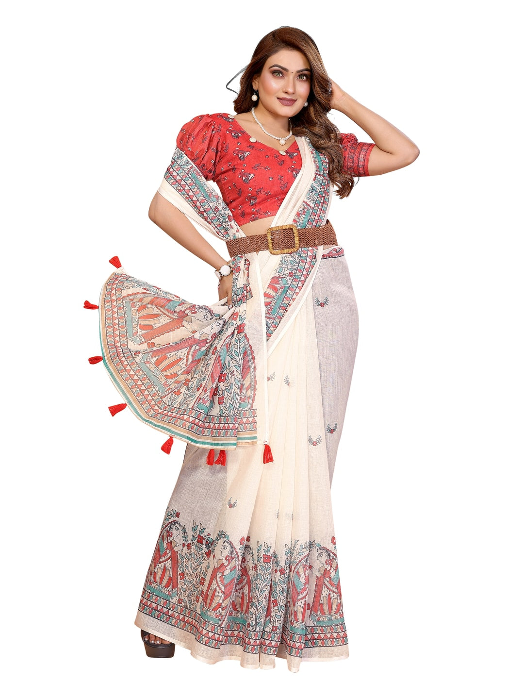 Peachmode Red Soft Linen Cotton Printed Saree - Image 13