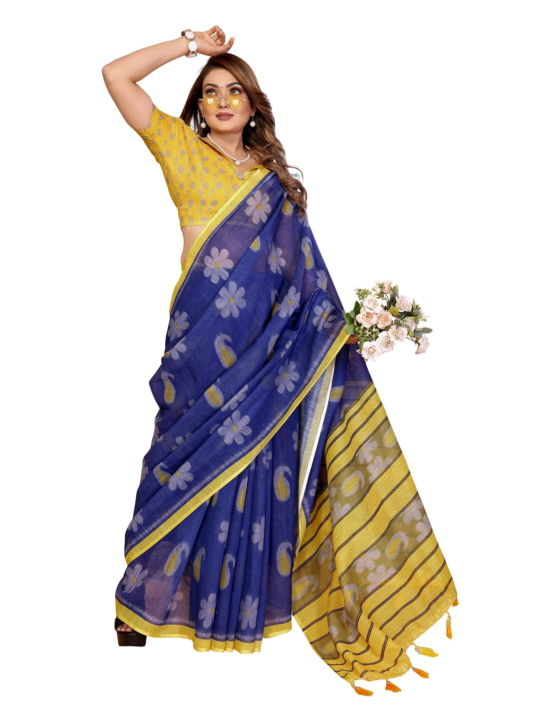 Peachmode Green Soft Linen Cotton Printed Saree - Image 12