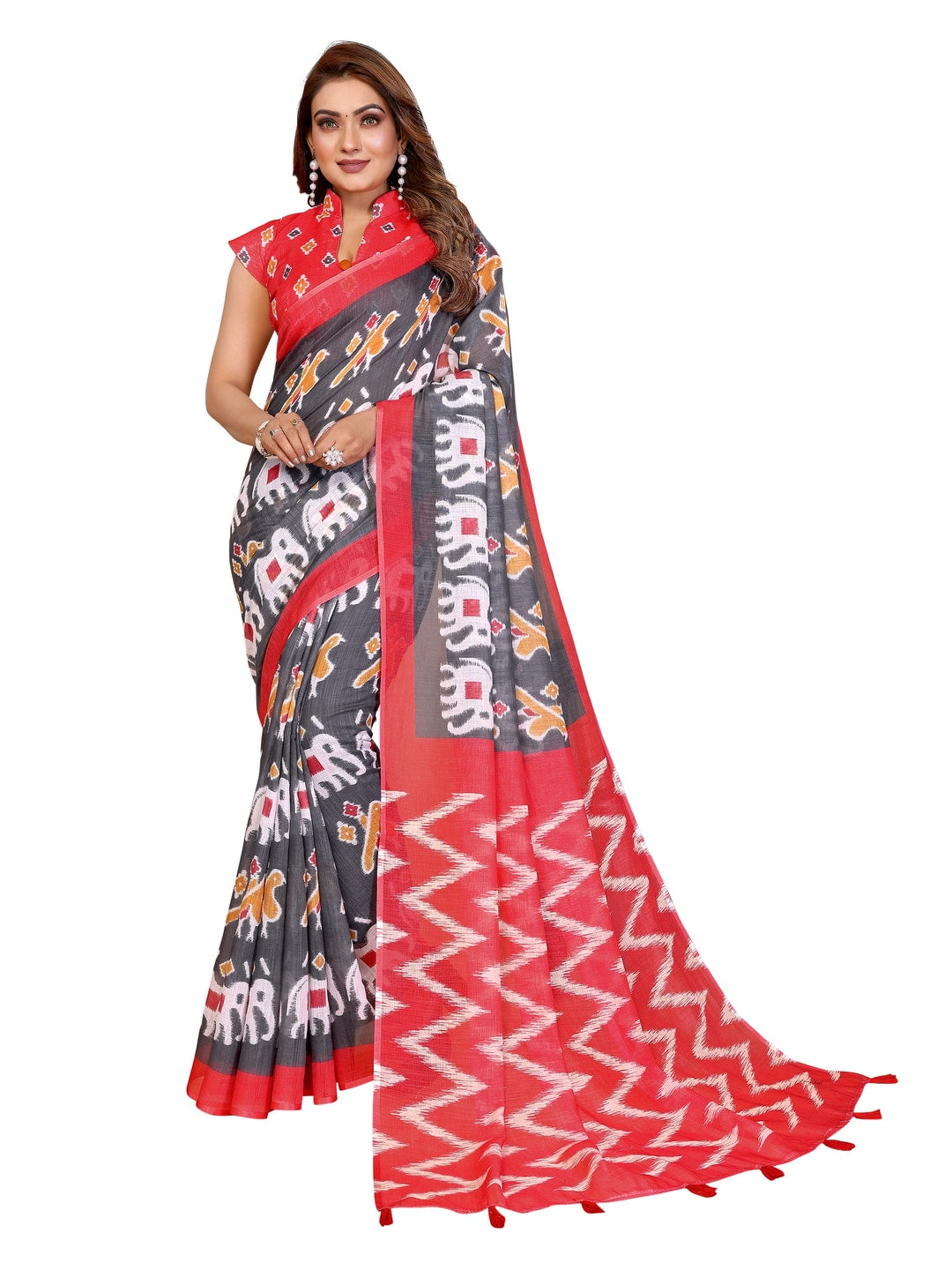 Peachmode Pink Soft Linen Cotton Printed Saree - Image 9