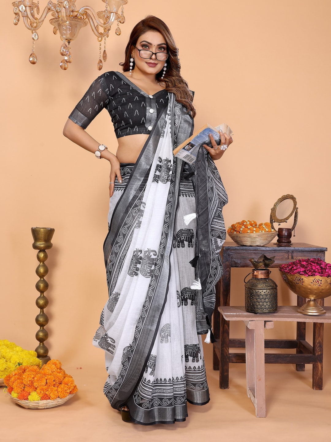 Peachmode Black Soft Linen Cotton Printed Saree - Image 5
