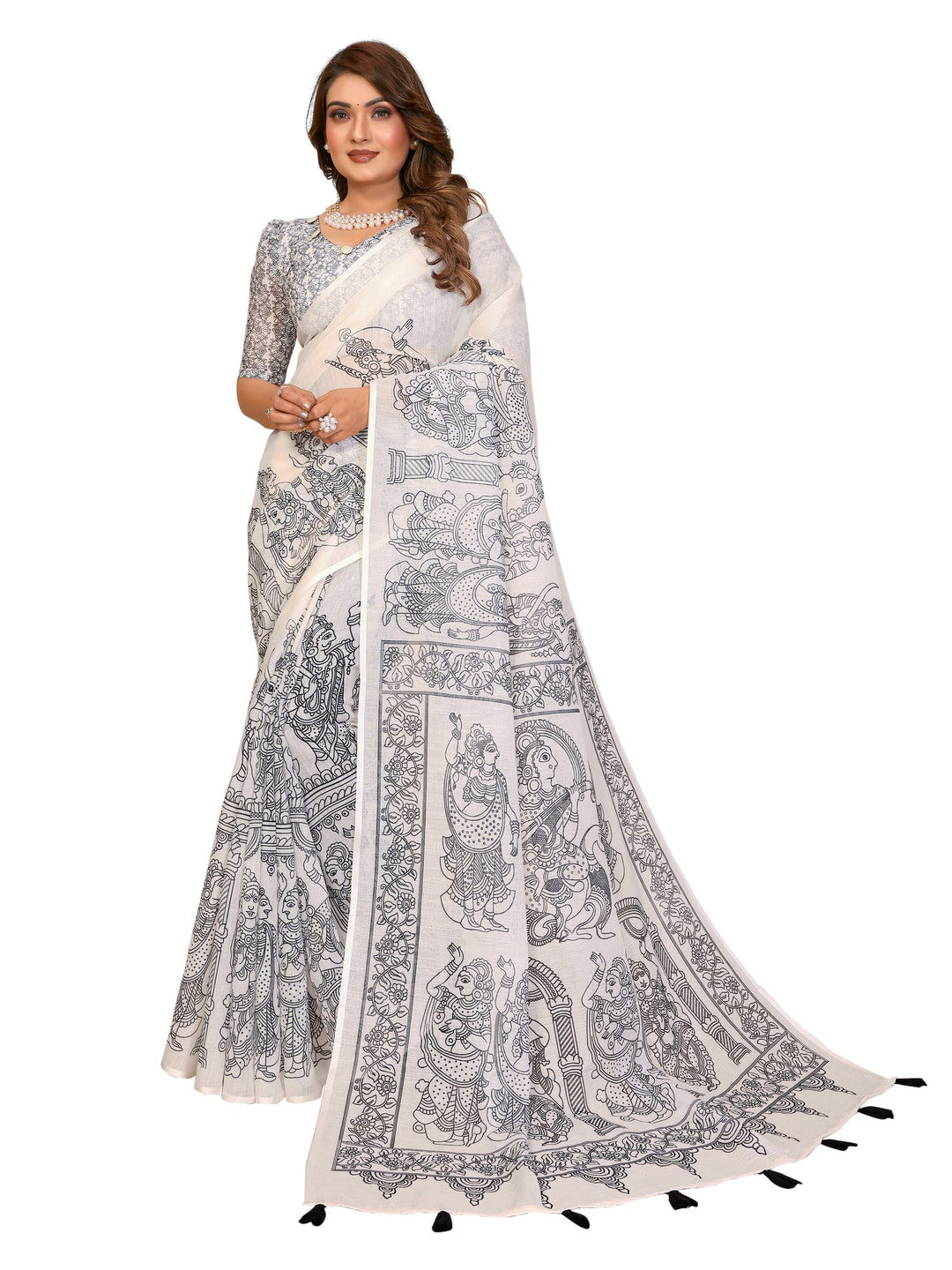 Peachmode Mustard Soft Linen Cotton Printed Saree - Image 8