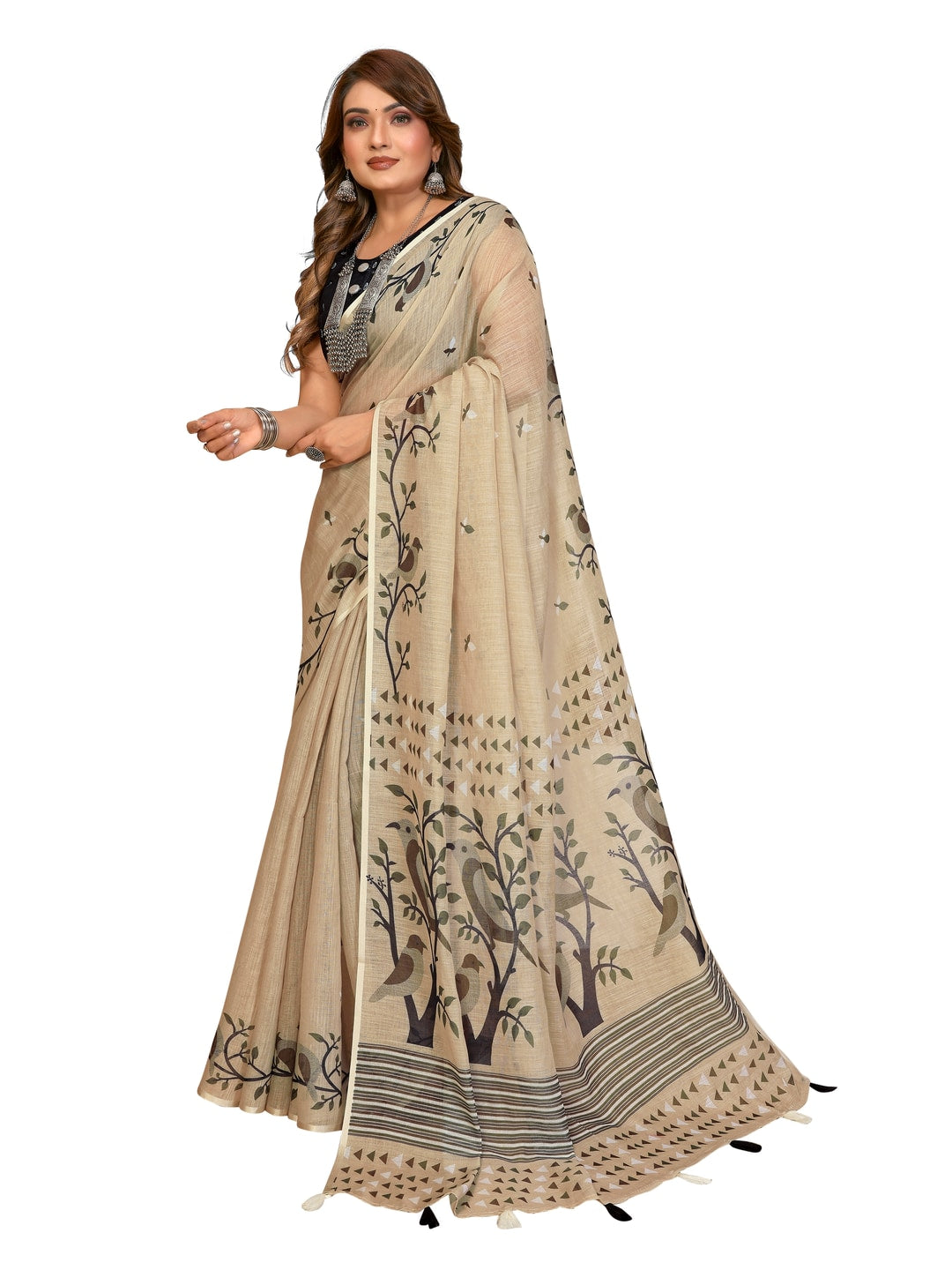 Peachmode Wine Soft Linen Cotton Printed Saree - Image 9
