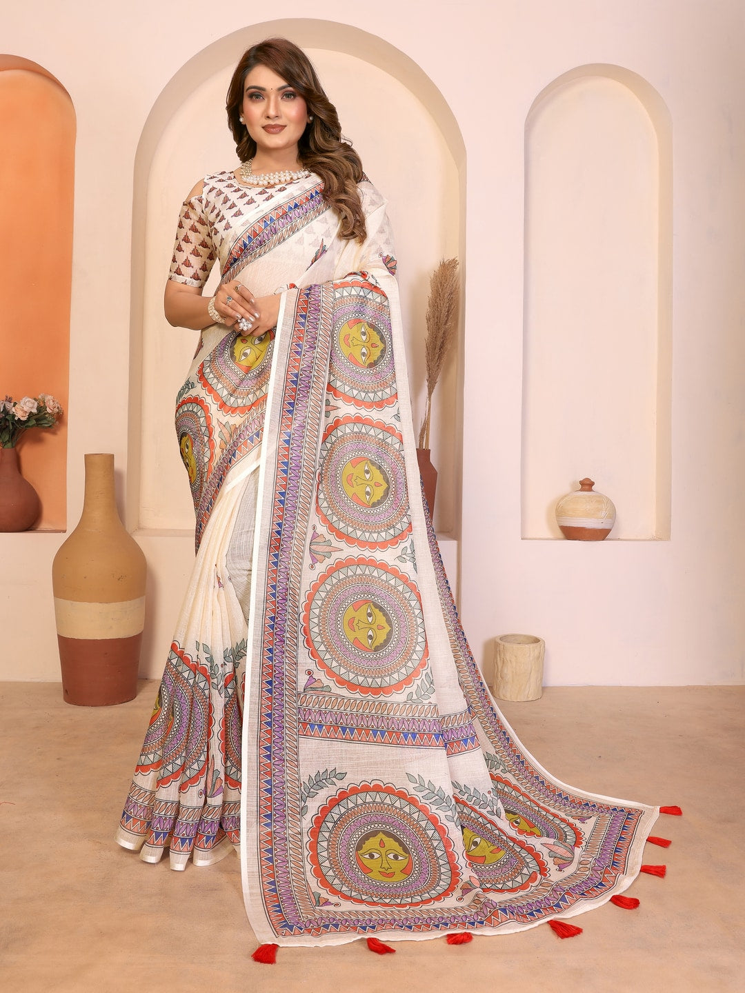 Peachmode Green Soft Linen Cotton Printed Saree - Image 1