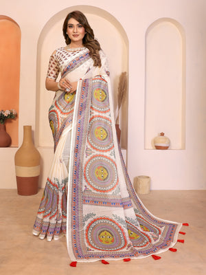 Peachmode Green Soft Linen Cotton Printed Saree - Image 1