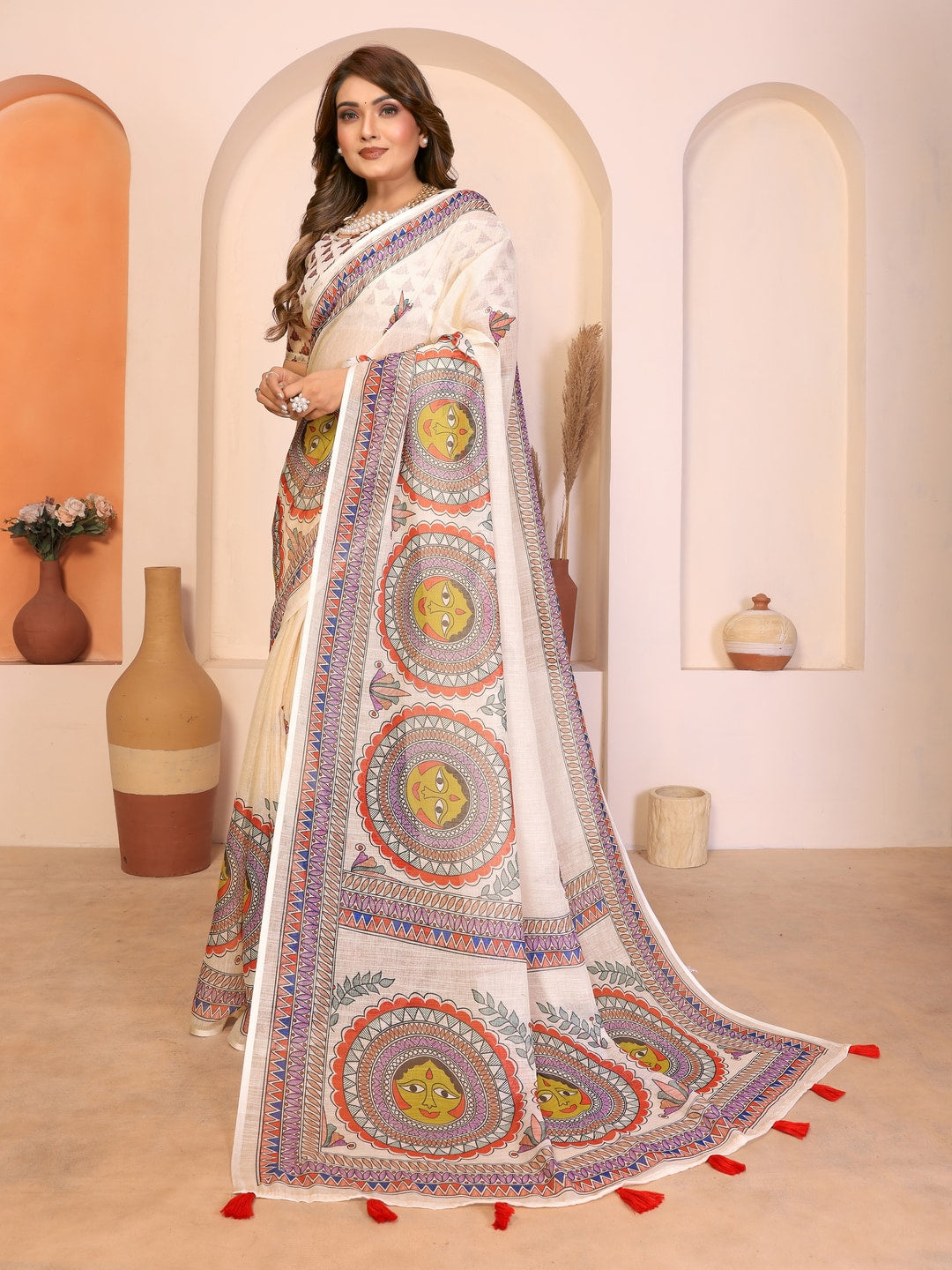 Peachmode Green Soft Linen Cotton Printed Saree - Image 2