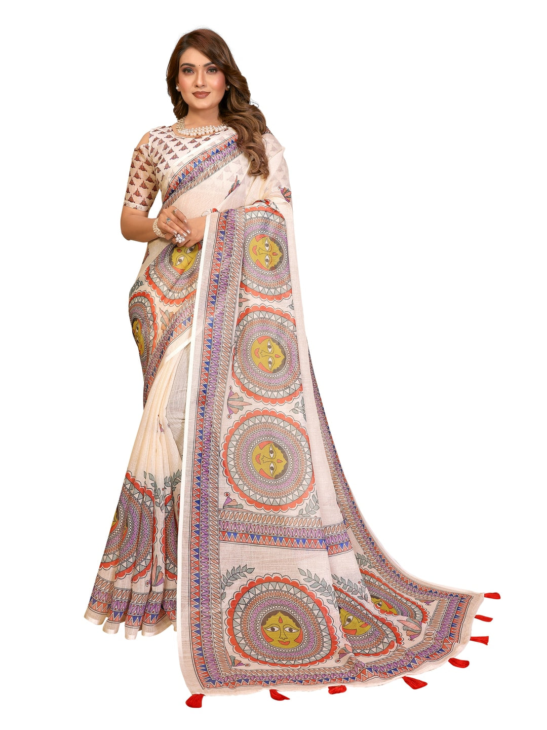 Peachmode Green Soft Linen Cotton Printed Saree - Image 8