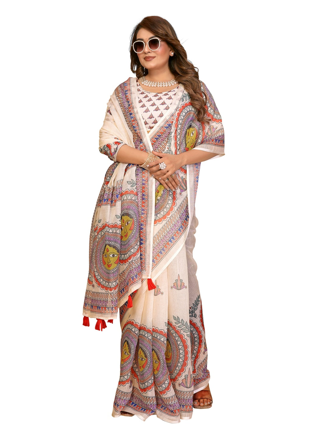 Peachmode Green Soft Linen Cotton Printed Saree - Image 11