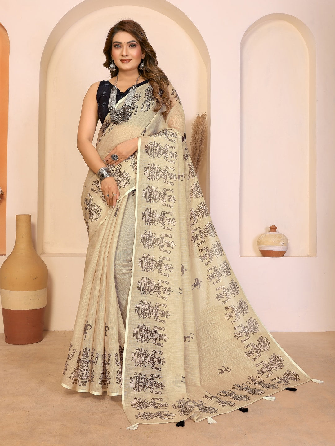 Peachmode Pink Soft Linen Cotton Printed Saree - Image 1