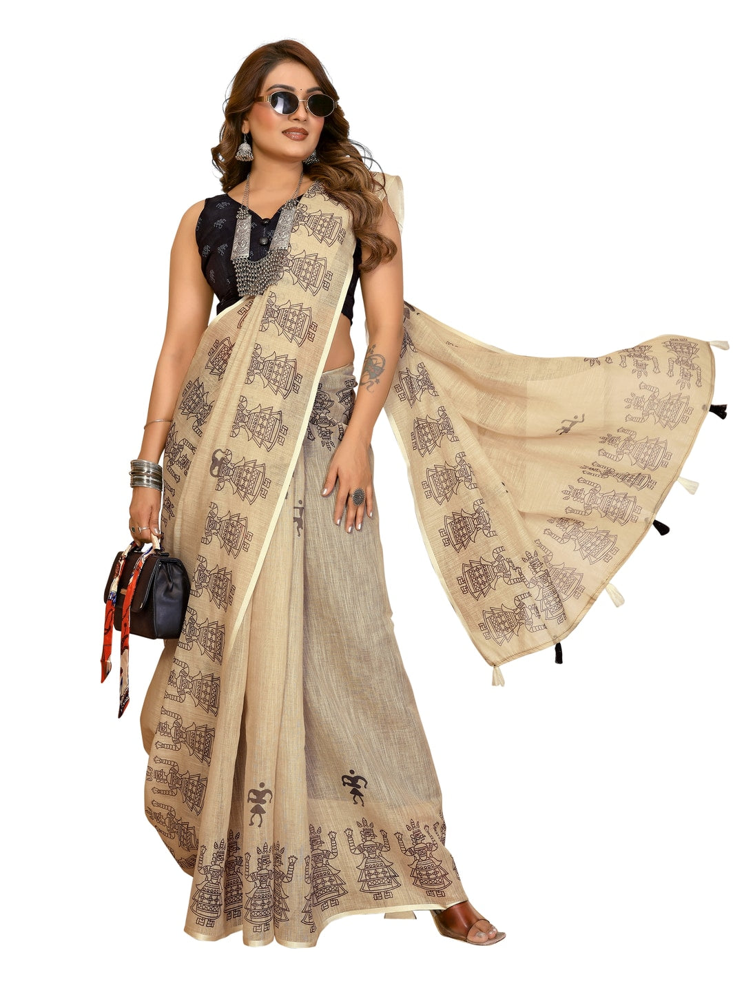 Peachmode Pink Soft Linen Cotton Printed Saree - Image 11