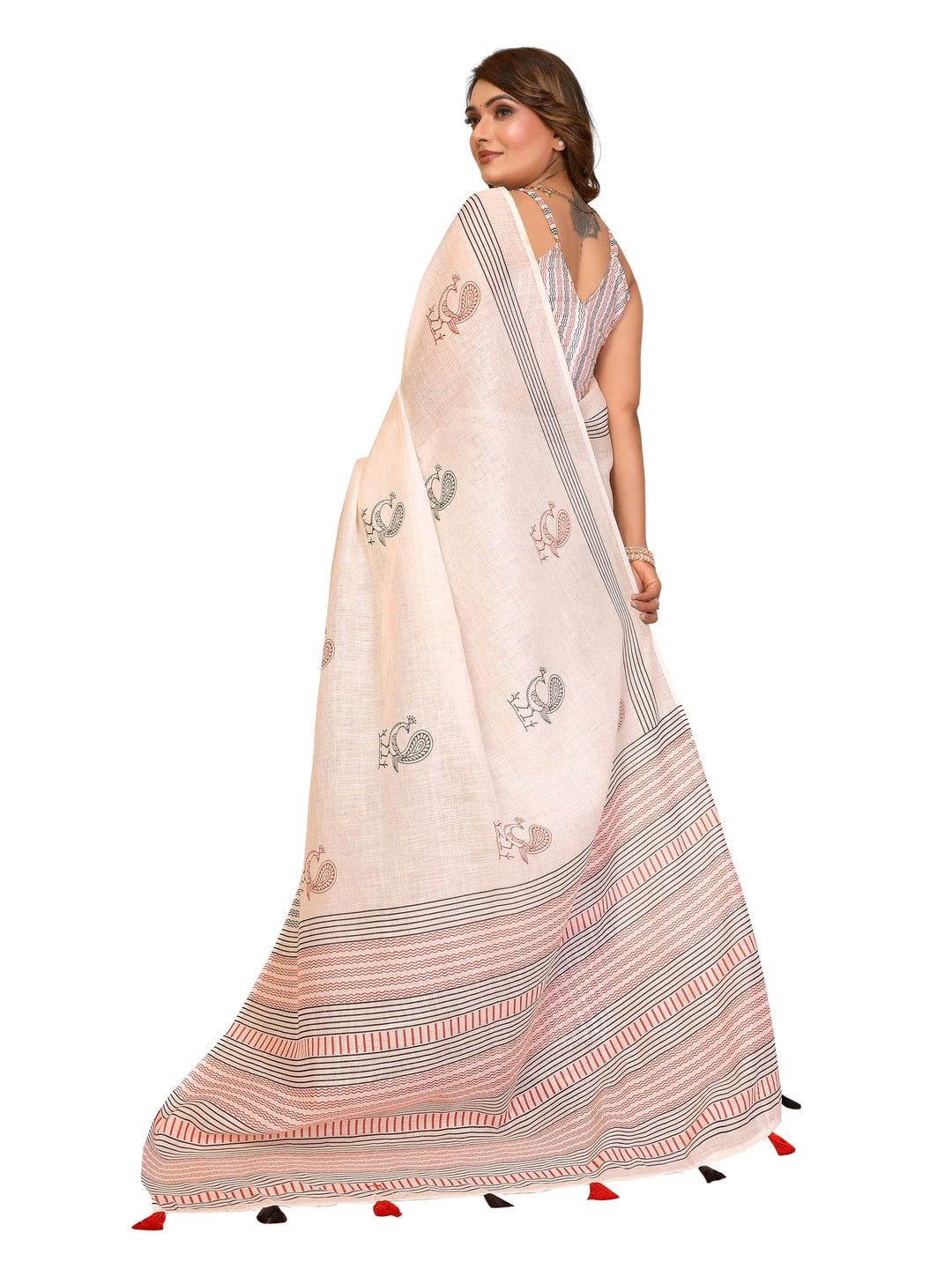 Peachmode Grey Soft Linen Cotton Printed Saree - Image 10