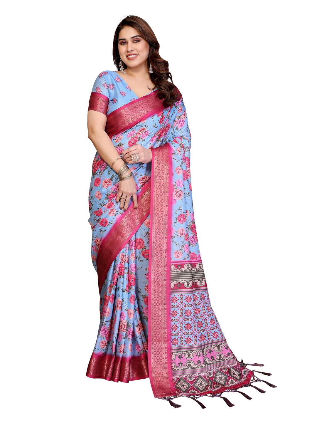 Peachmode Blue Cotton Silk Floral Print Saree with Zari Border - Image 23