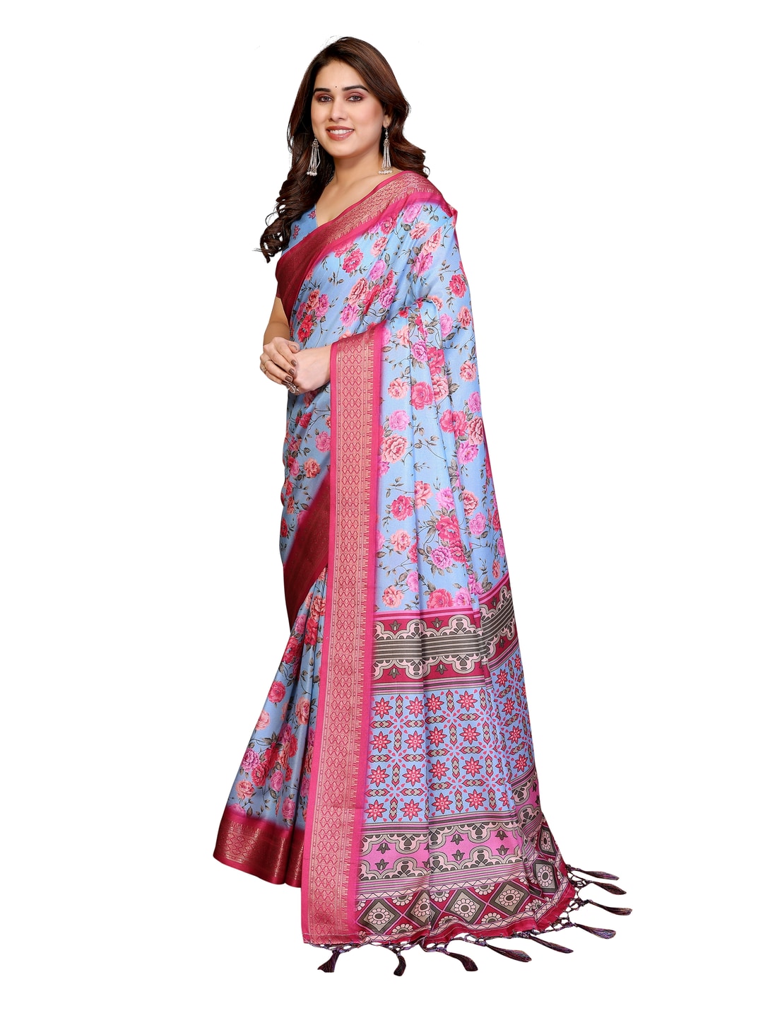 Peachmode Blue Cotton Silk Floral Print Saree with Zari Border - Image 24