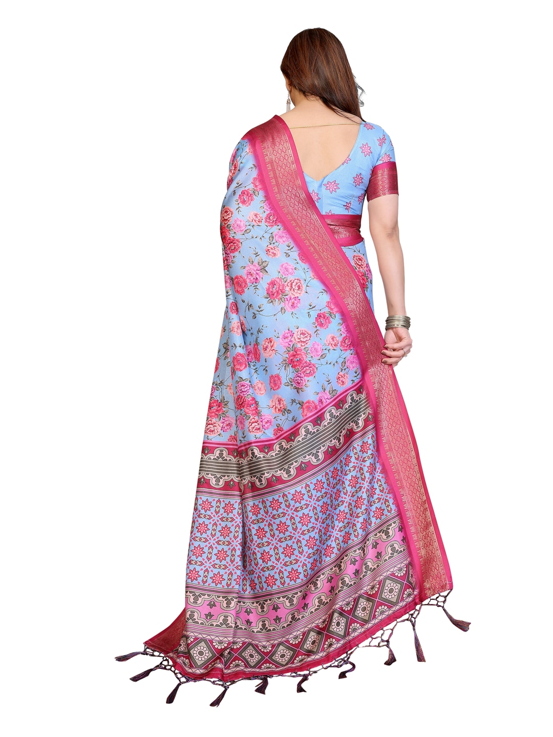 Peachmode Blue Cotton Silk Floral Print Saree with Zari Border - Image 25