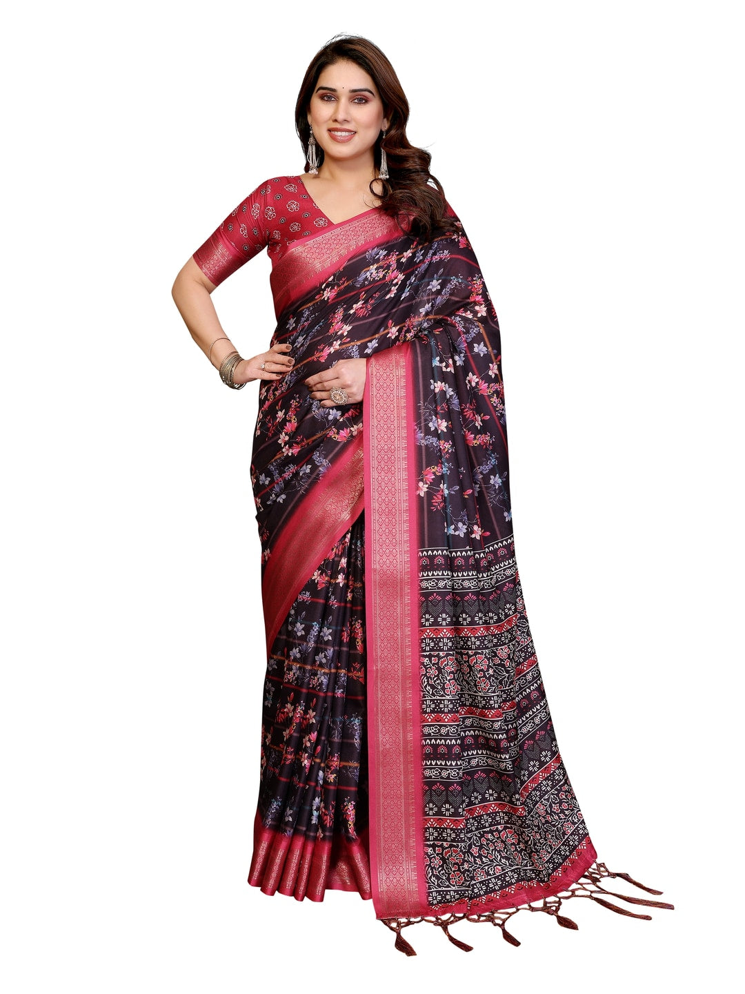 Peachmode Black Cotton Silk Floral Print Saree with Zari Border - Image 20