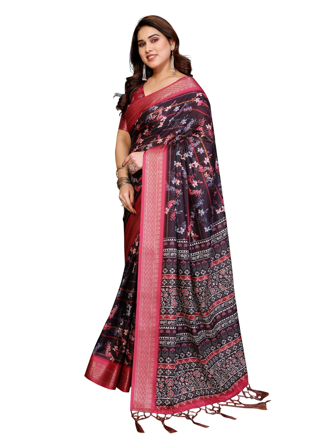 Peachmode Black Cotton Silk Floral Print Saree with Zari Border - Image 21