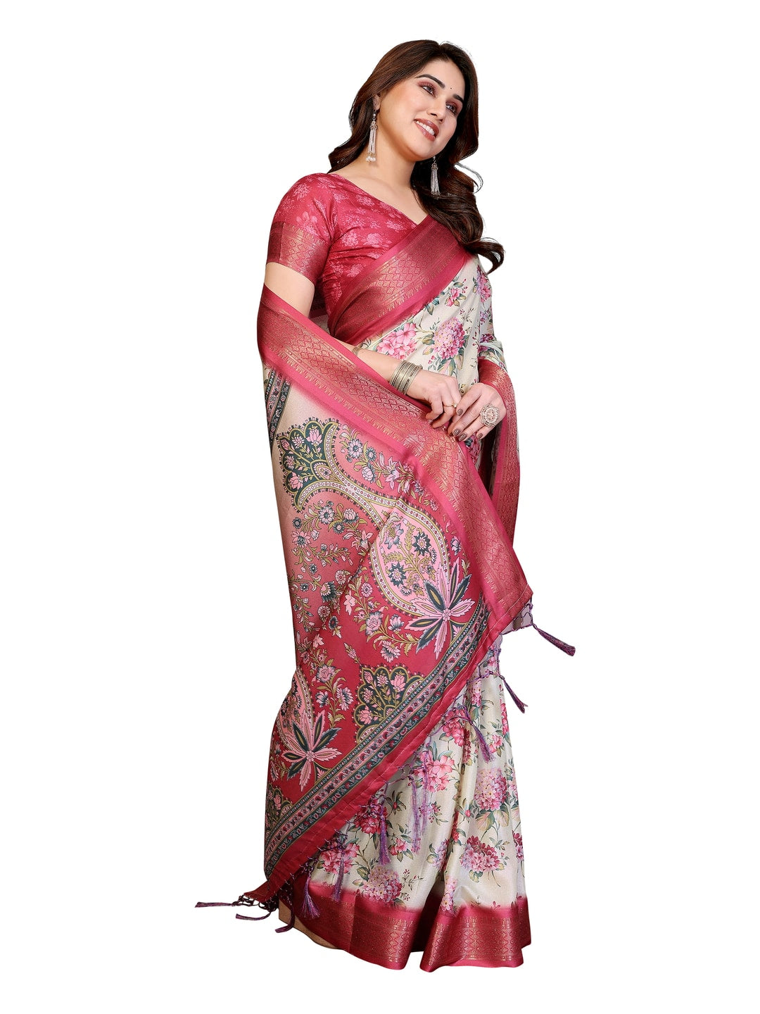 Peachmode Yellow Cotton Silk Floral Print Saree with Zari Border - Image 22