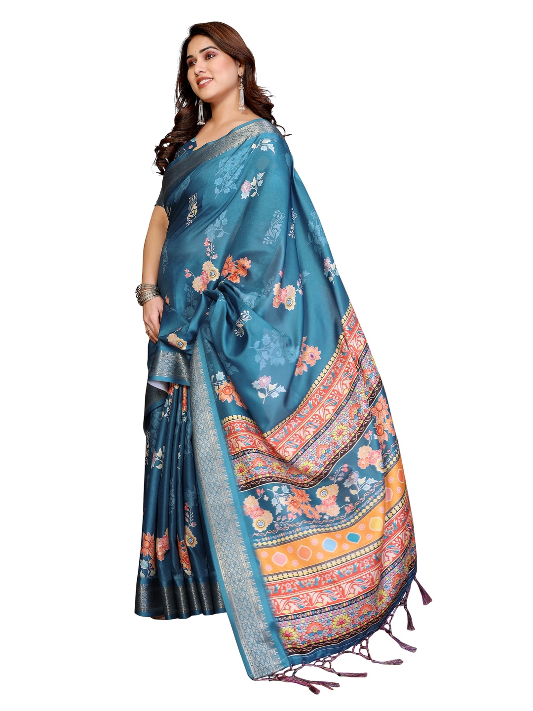 Peachmode Rama Blue Cotton Silk Floral Print Saree with Zari Border - Image 24