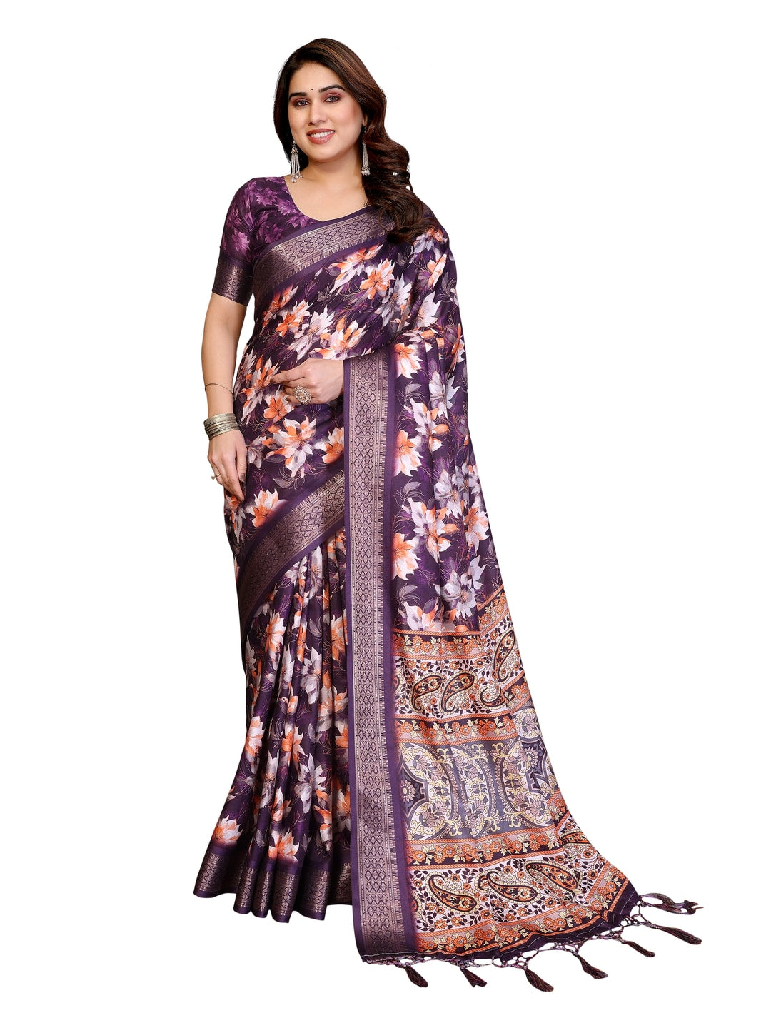 Peachmode Purple Cotton Silk Floral Print Saree with Zari Border - Image 23