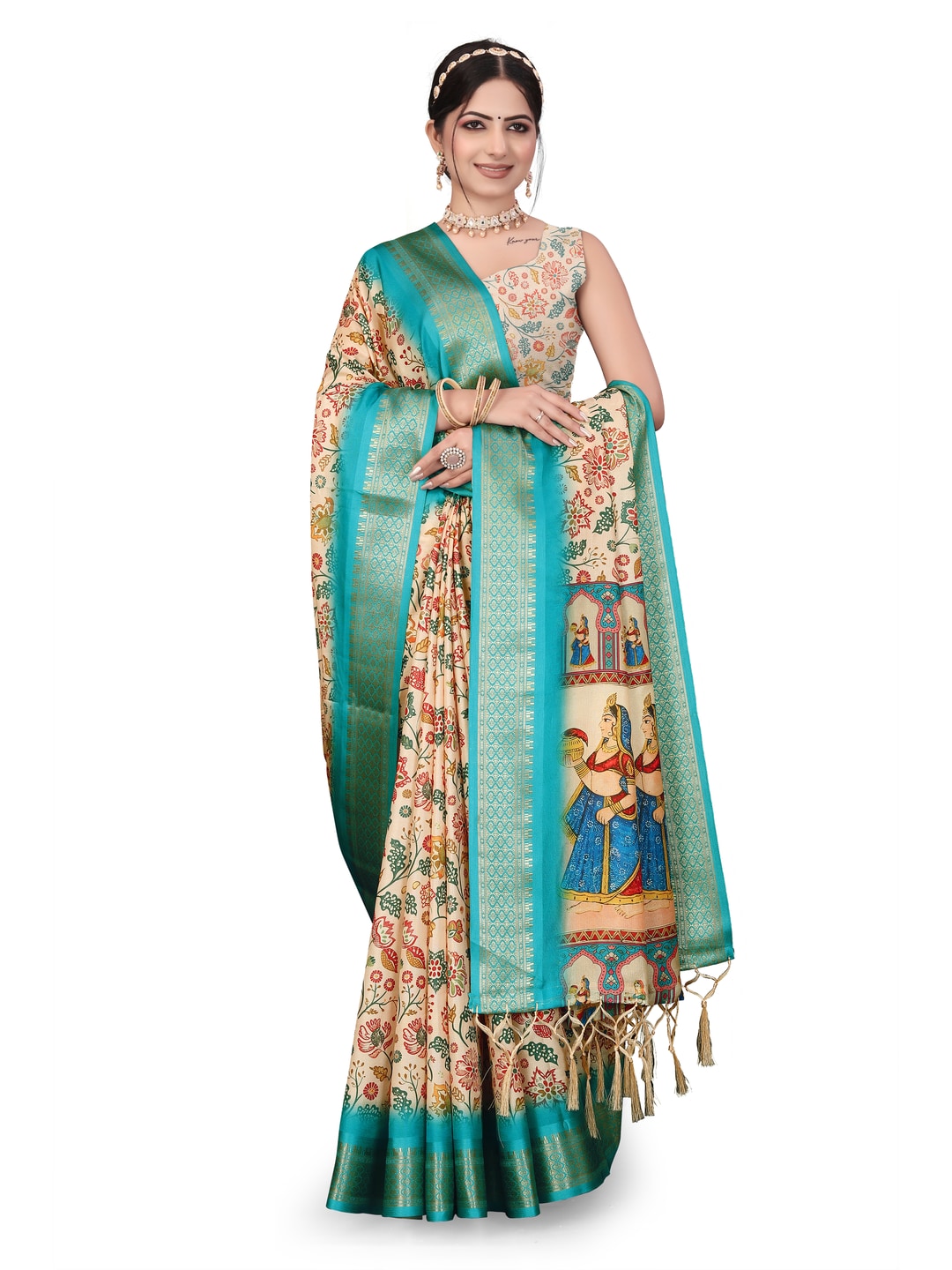 Peachmode Cream Cotton Silk Digital Print Saree with Jacquard Border - Image 30