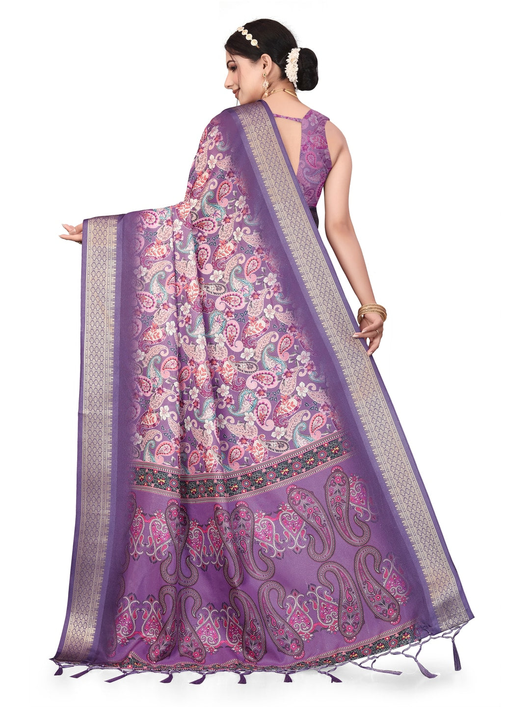 Peachmode Purple Cotton Silk Digital Print Saree with Jacquard Border - Image 28