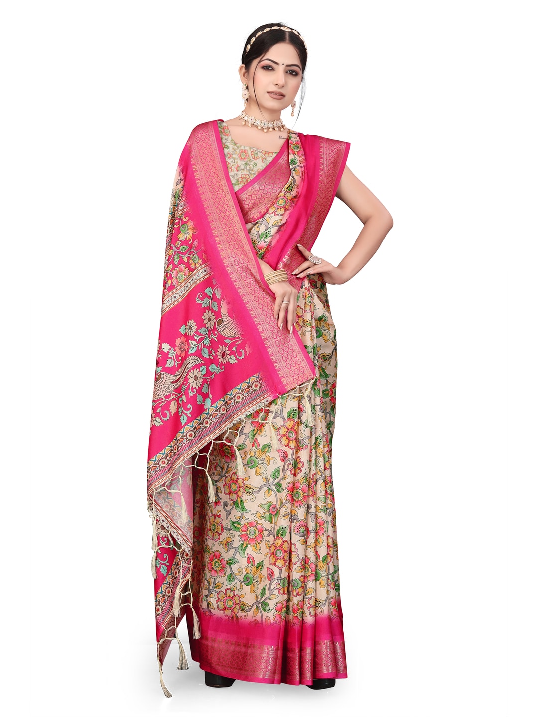 Peachmode Pink Cotton Silk Digital Print Saree with Jacquard Border - Image 30