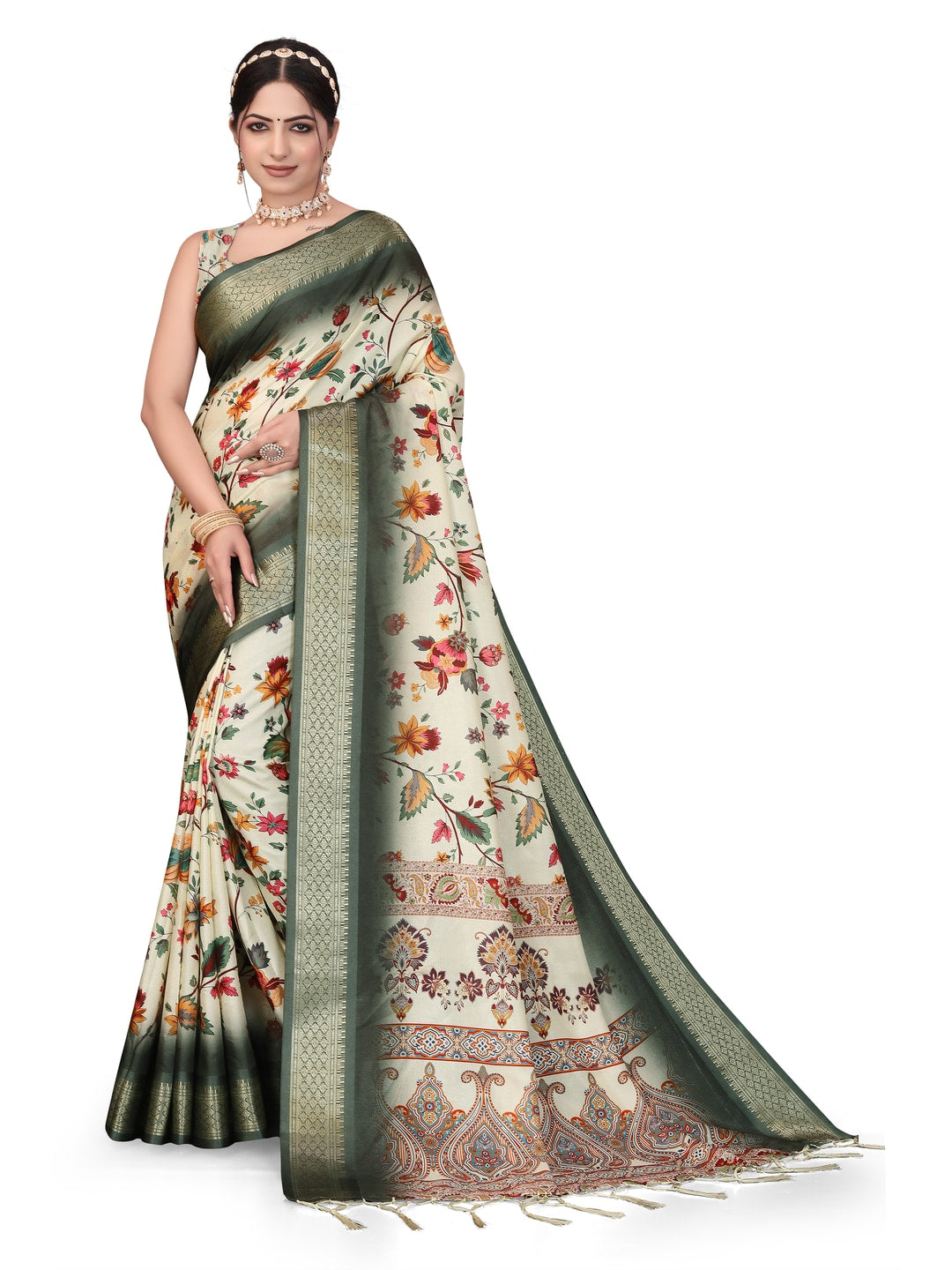 Peachmode Green Cotton Silk Digital Print Saree with Jacquard Border - Image 27