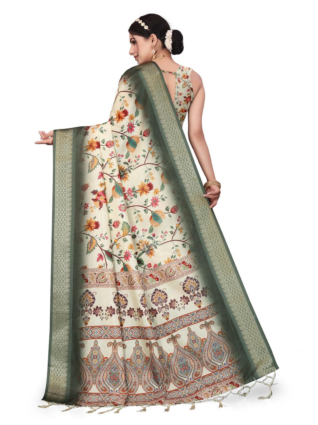 Peachmode Green Cotton Silk Digital Print Saree with Jacquard Border - Image 30