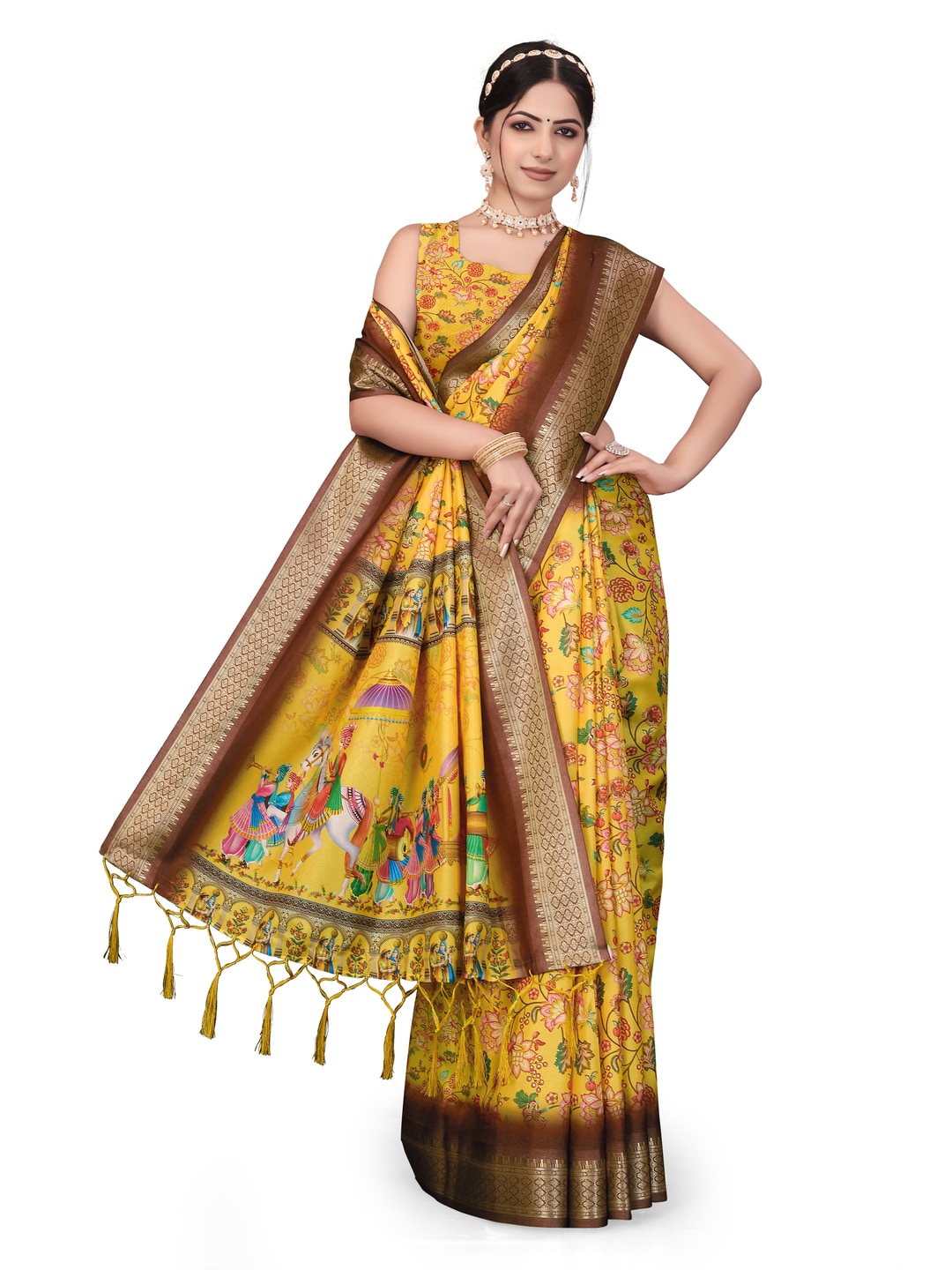 Peachmode Yellow Cotton Silk Digital Print Saree with Jacquard Border - Image 30