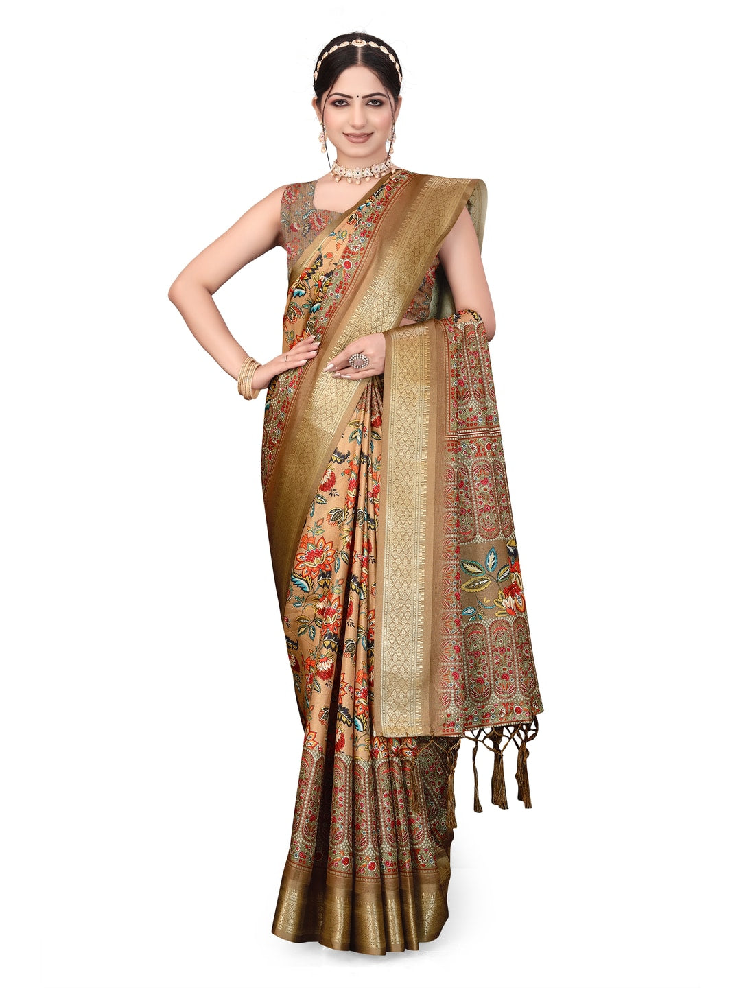 Peachmode Brown Cotton Silk Digital Print Saree with Jacquard Border - Image 29