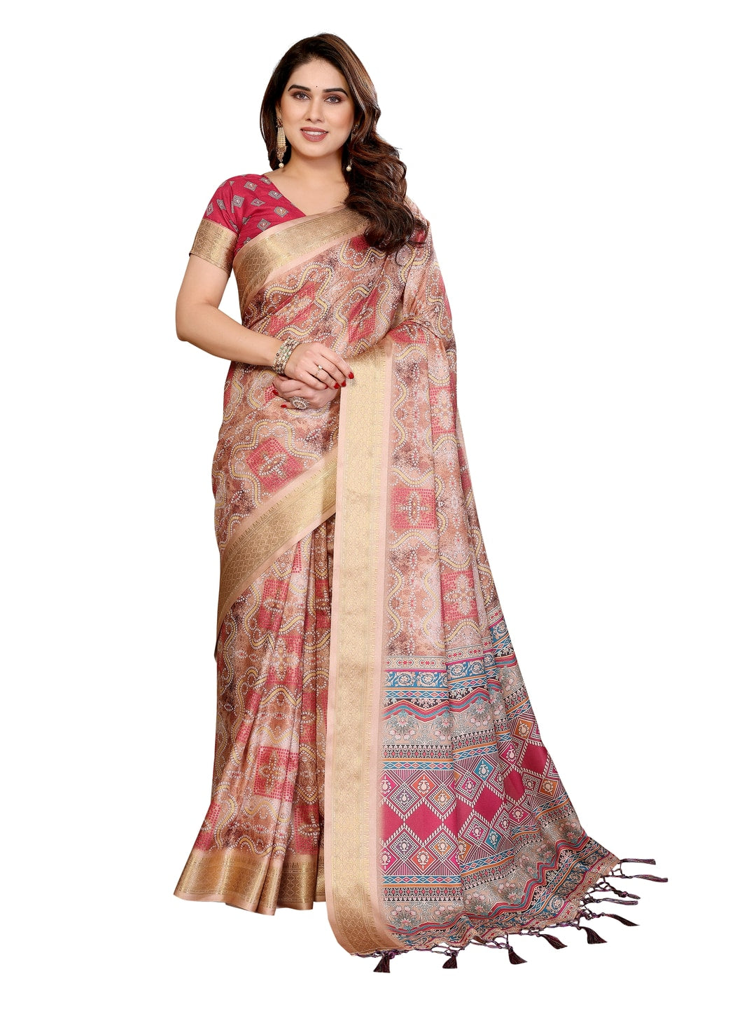Peachmode Chikoo Cotton Silk Bandhej Print Saree with Zari Border - Image 22