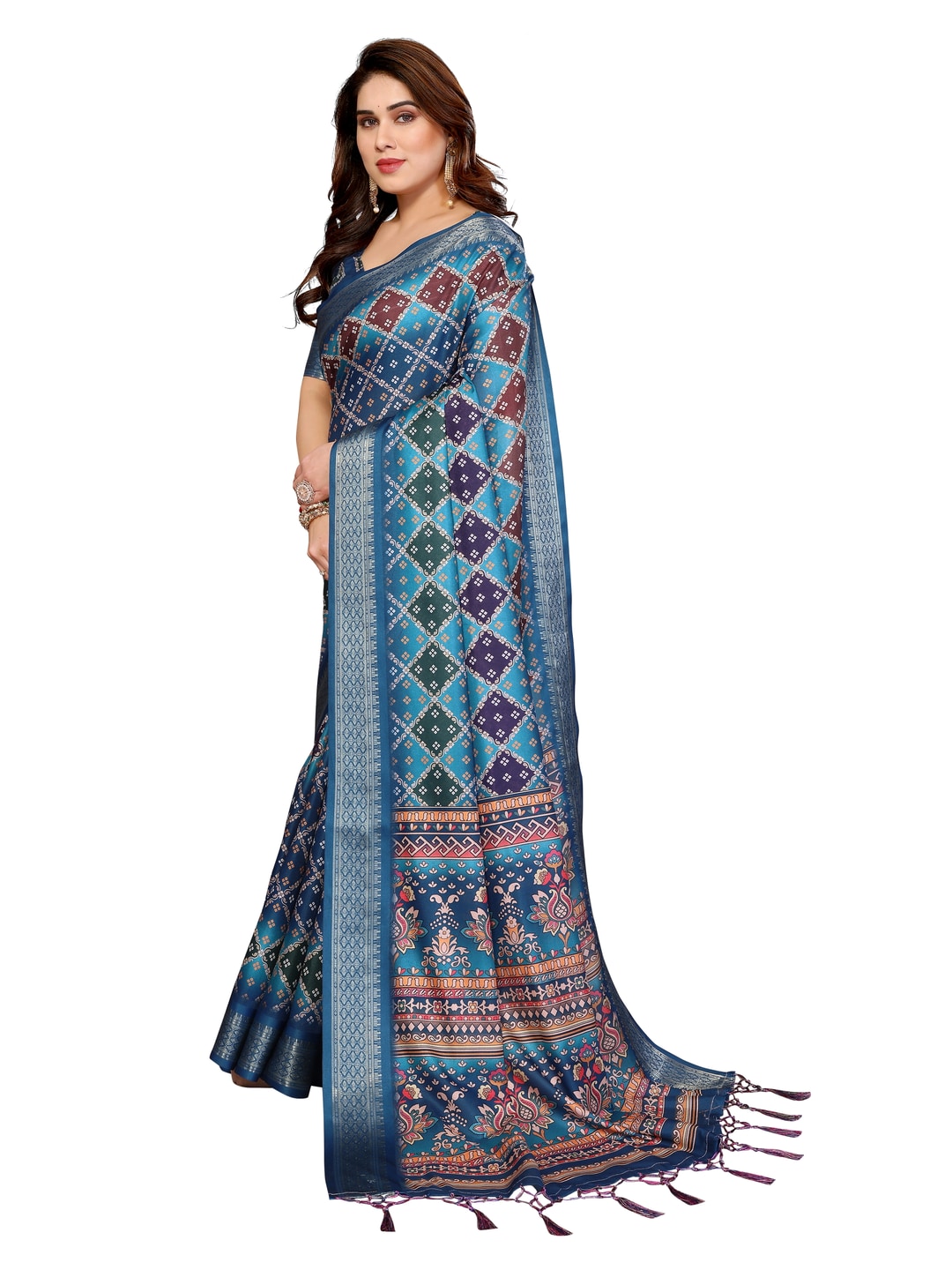 Peachmode Teal Cotton Silk Bandhej Print Saree with Zari Border - Image 23
