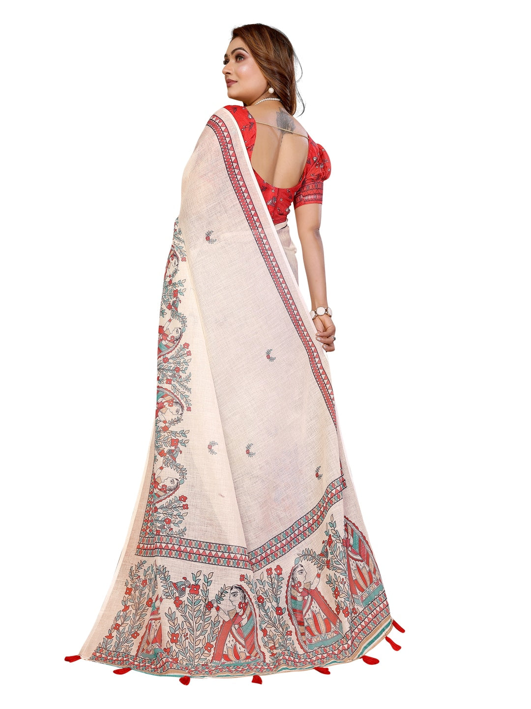 Peachmode Red Soft Linen Cotton Printed Saree - Image 19