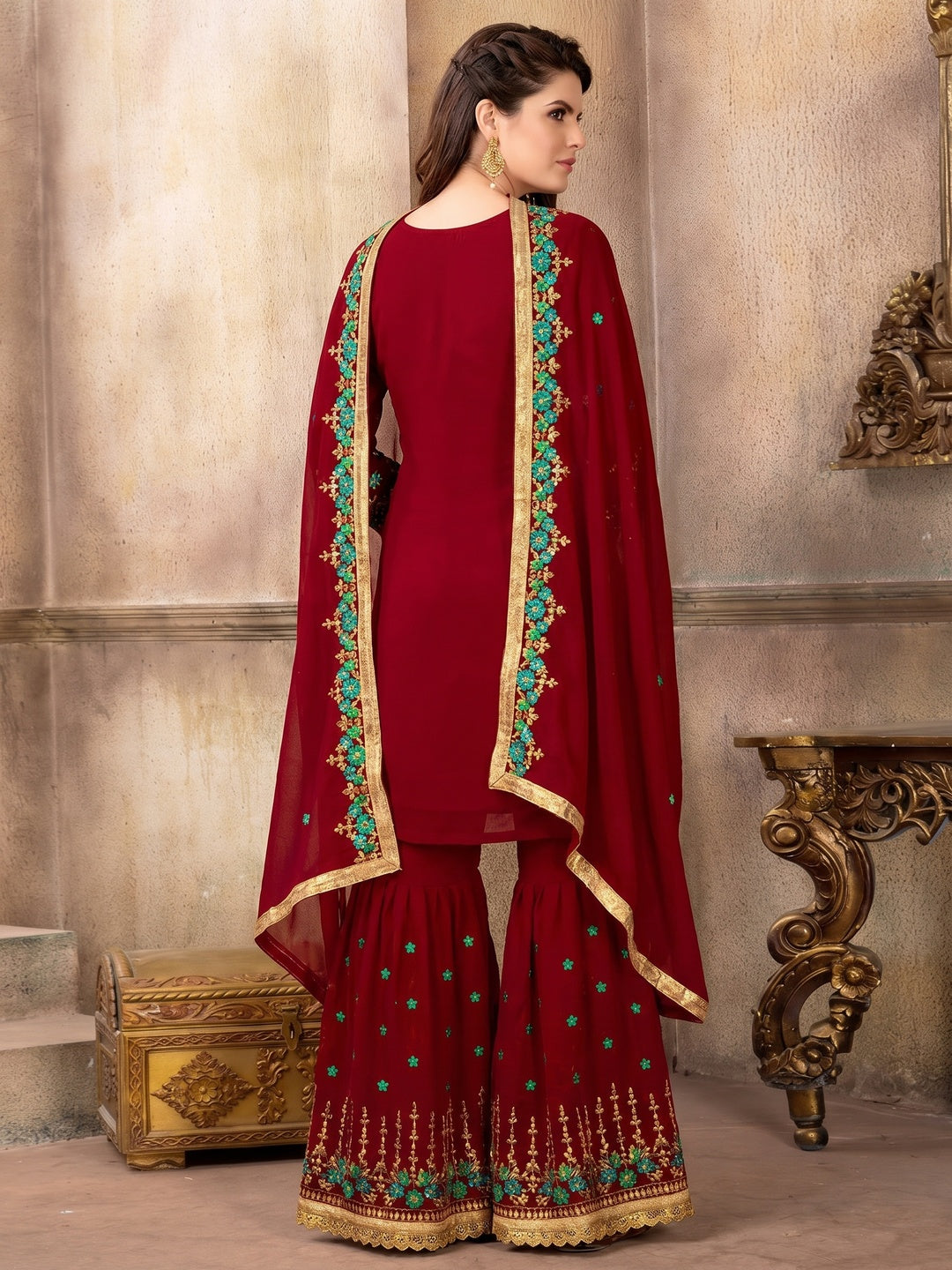 Impressive Red Colored Party Wear Embroidered Faux Georgette Palazzo Suit - Image 2
