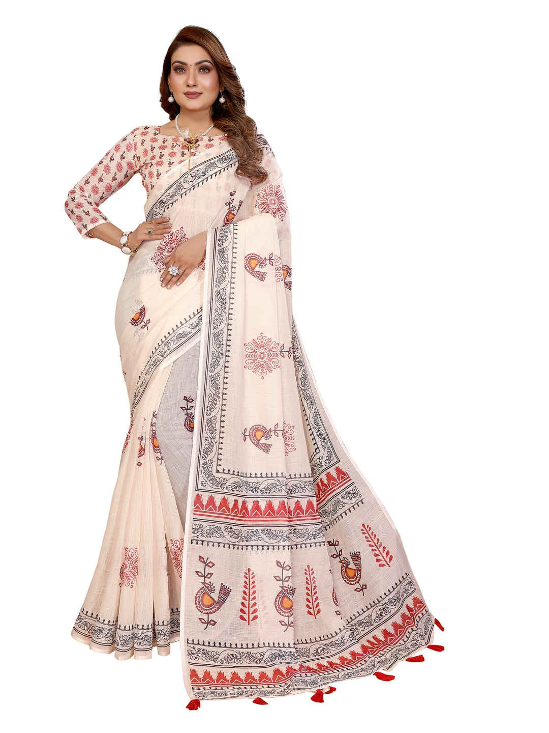 Peachmode Purple Soft Linen Cotton Printed Saree - Image 17