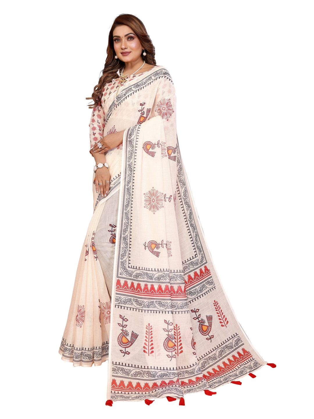 Peachmode Purple Soft Linen Cotton Printed Saree - Image 18