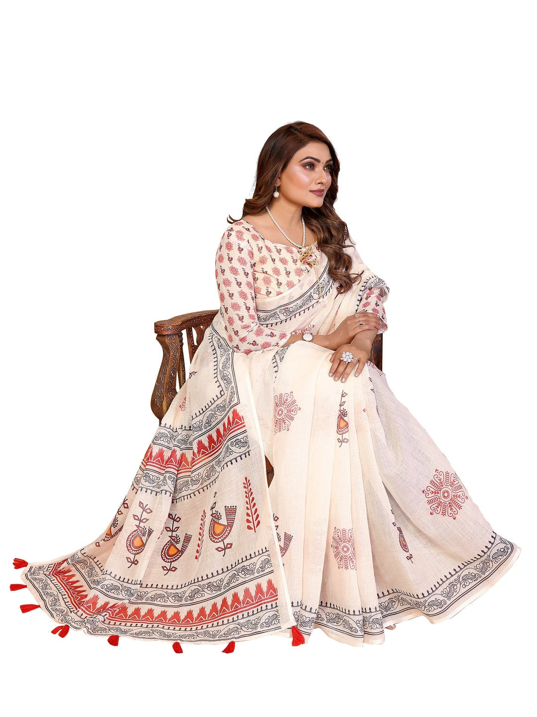 Peachmode Purple Soft Linen Cotton Printed Saree - Image 21
