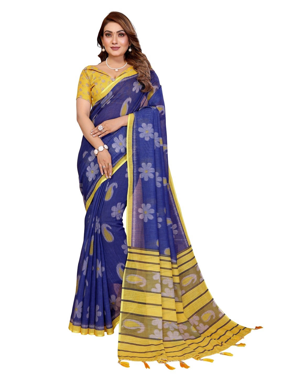 Peachmode Green Soft Linen Cotton Printed Saree - Image 17